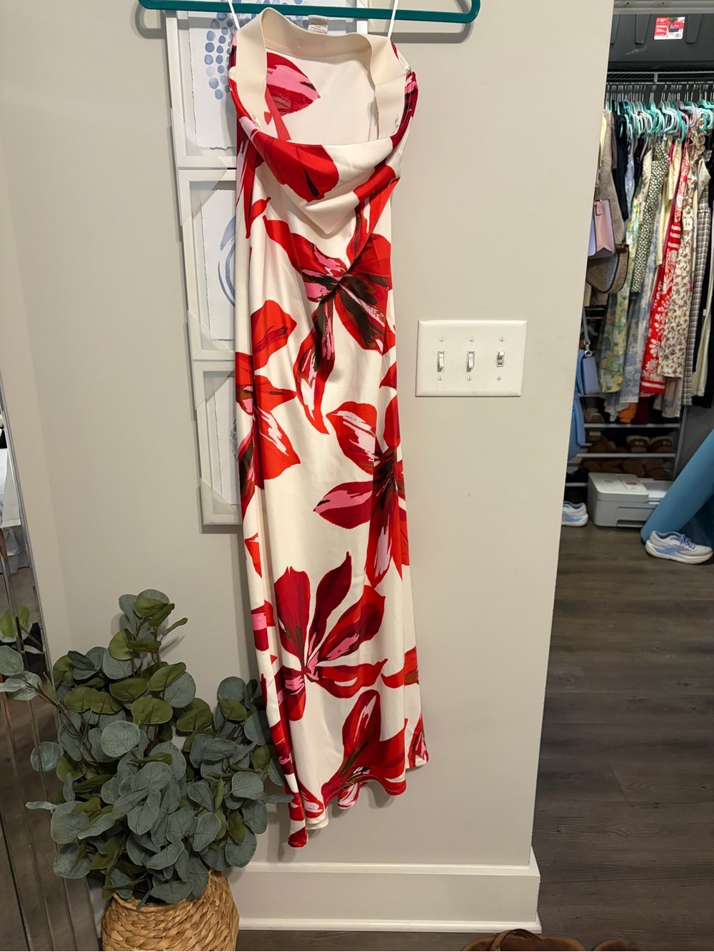 T.J.Maxx Cream Maxi Dress with Red Floral Print